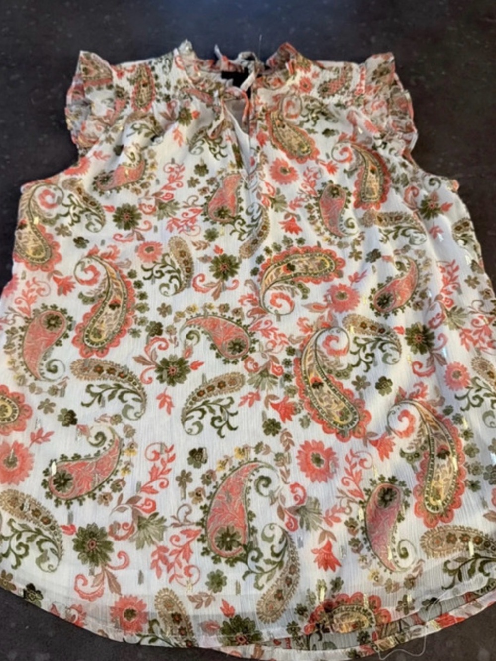 Lightweight White Paisley Floral Ruffle-Sleeve Blouse in Pink & Olive